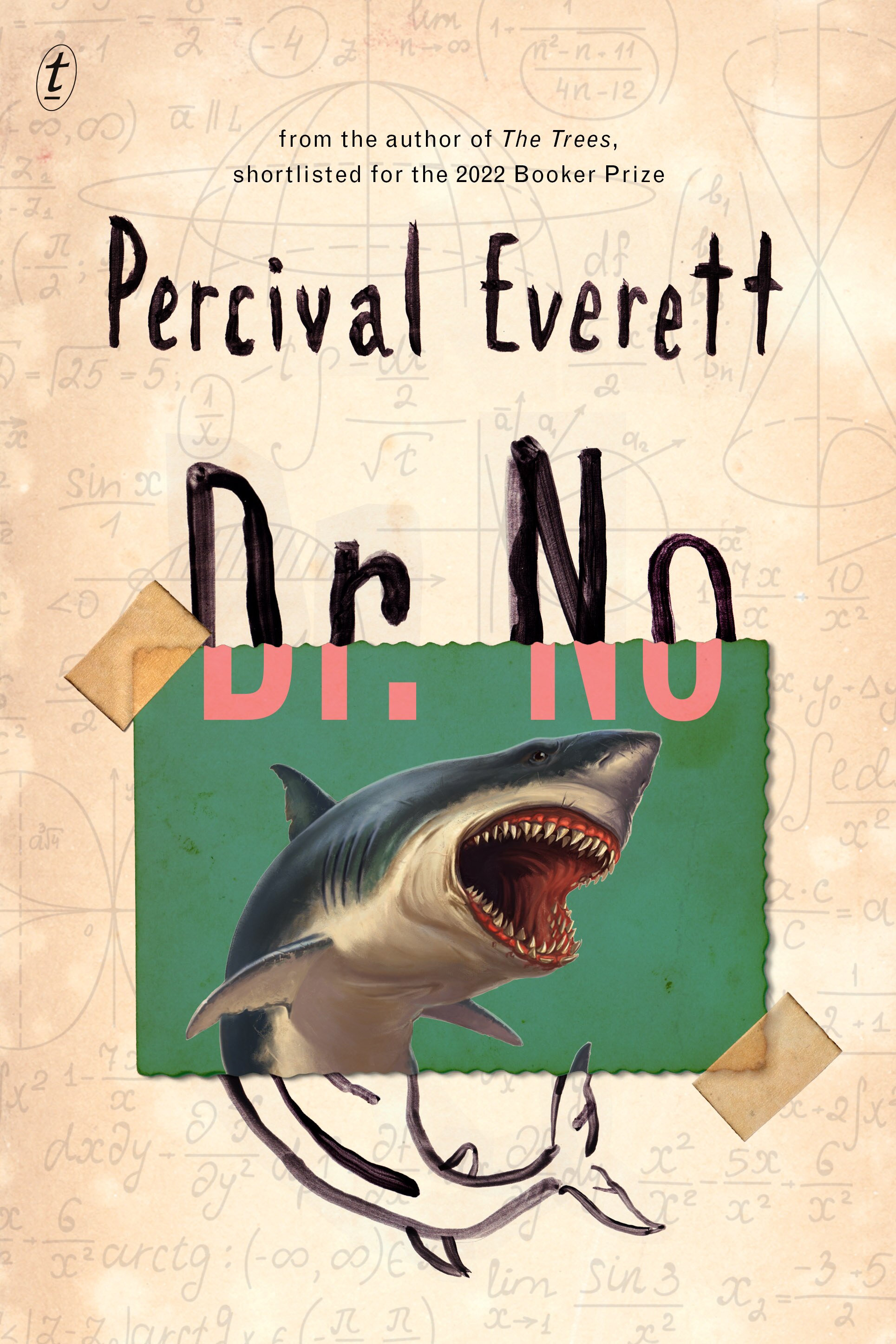 A book cover showing a photograph of a shark with its jaws open taped onto a beige background