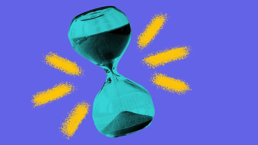 Illustration of blue hourglass on a purple background, to depict time pressures and being time poor.