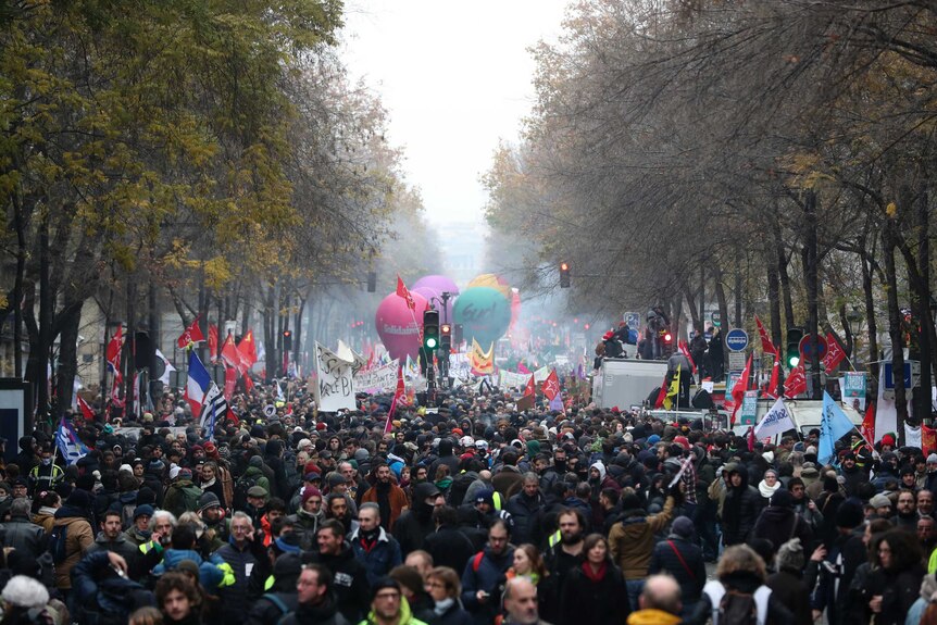 Crowds waving signs, flags and balloons march down a tree lined street in Paris