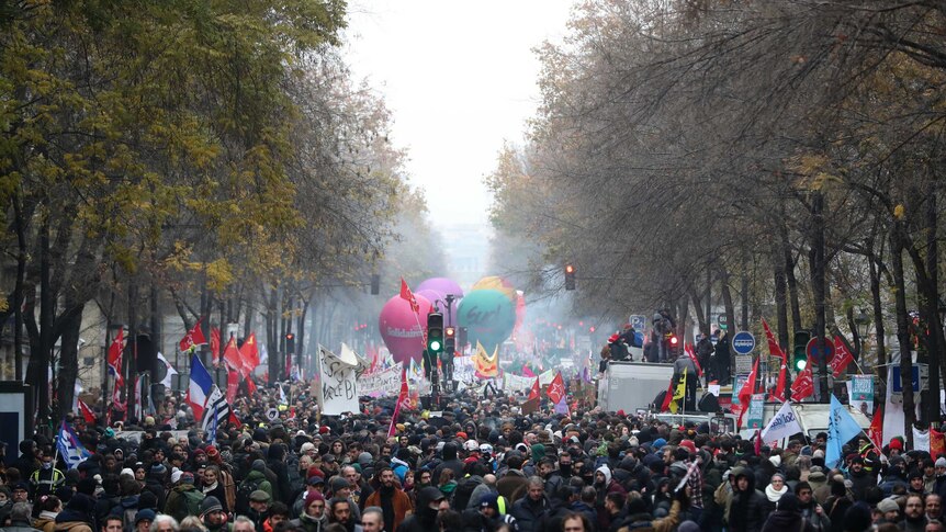 Crowds waving signs, flags and balloons march down a tree lined street in Paris