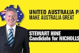 Yellow and black Graphic with wording reading 'Stewart Hine, United Australia Party, Candidate for Nichols'