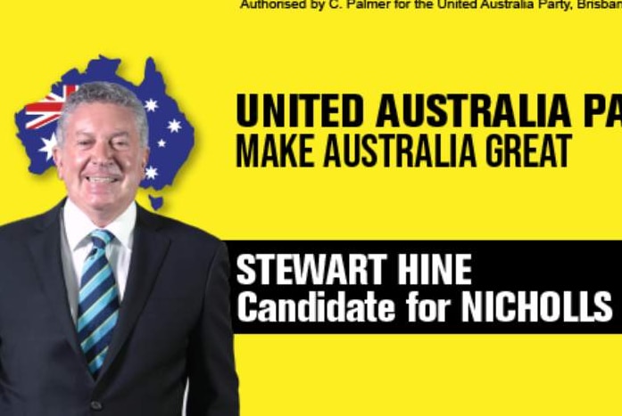 Yellow and black Graphic with wording reading 'Stewart Hine, United Australia Party, Candidate for Nichols'