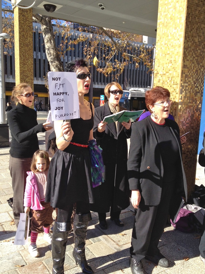 ANU Choral Society singers protesting outside the Legislative Assembly on Thursday.
