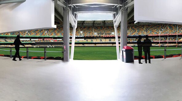 Artist's impression of clear entrance to renovated Gabba Sports Stadium at Woolloongabba in Brisbane.
