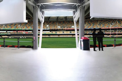 Artist's impression of clear entrance to renovated Gabba Sports Stadium at Woolloongabba in Brisbane.