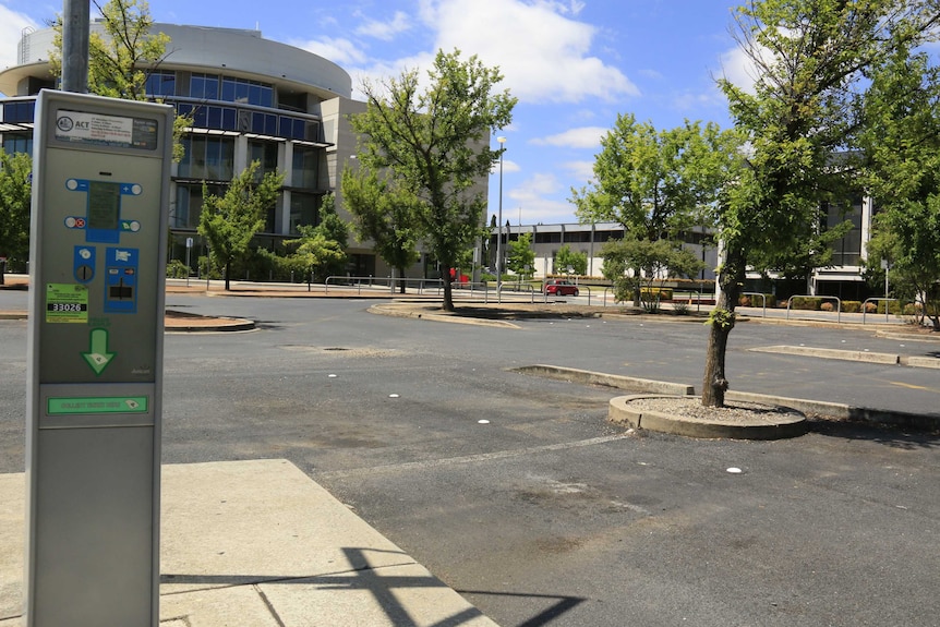 The usually-busy car park outside the ACT Magistrates Court.