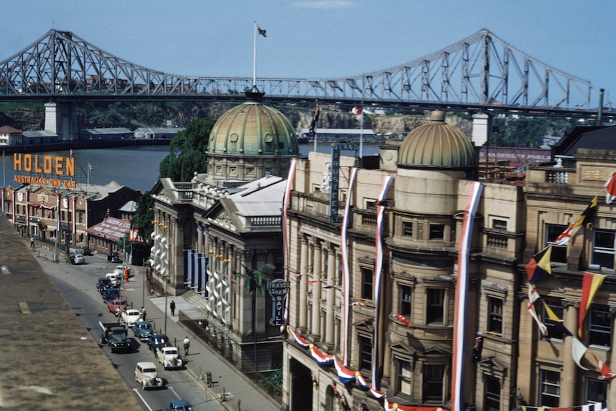 Decorated Queen Street buildings for Queen Elizabeth's first Royal visit to Brisbane, 1954.