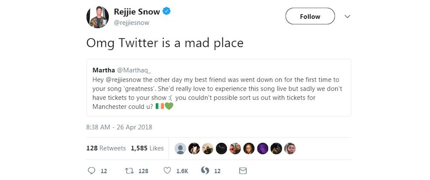 Rejjie Snow saying Twitter is mad when fan asks for hook-up to show