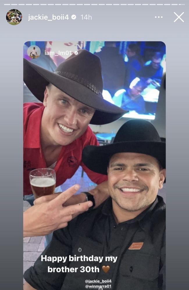 Jack Wighton and Latrell Mitchell post a photo on their Instagram pages during Wighton's 30th birthday celebrations in Canberra