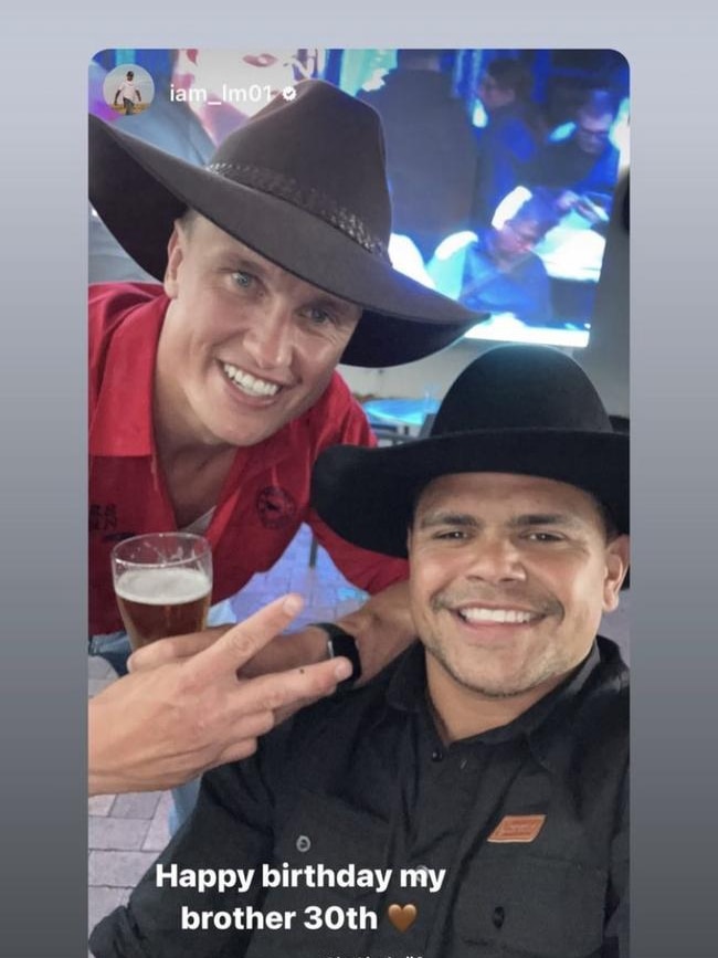 Jack Wighton and Latrell Mitchell post a photo on their Instagram pages during Wighton's 30th birthday celebrations in Canberra