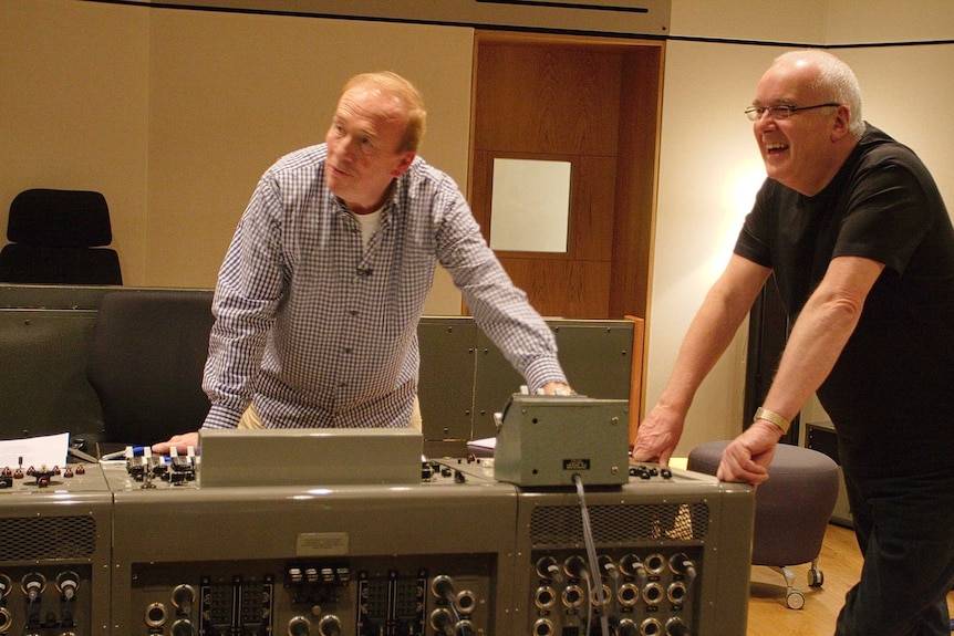 Sound engineers Geoff Emerick and Richard Lush in studio recording a Sgt Pepper's 40th anniversary album in 2007
