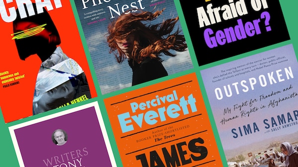 A collection of book covers on a green background