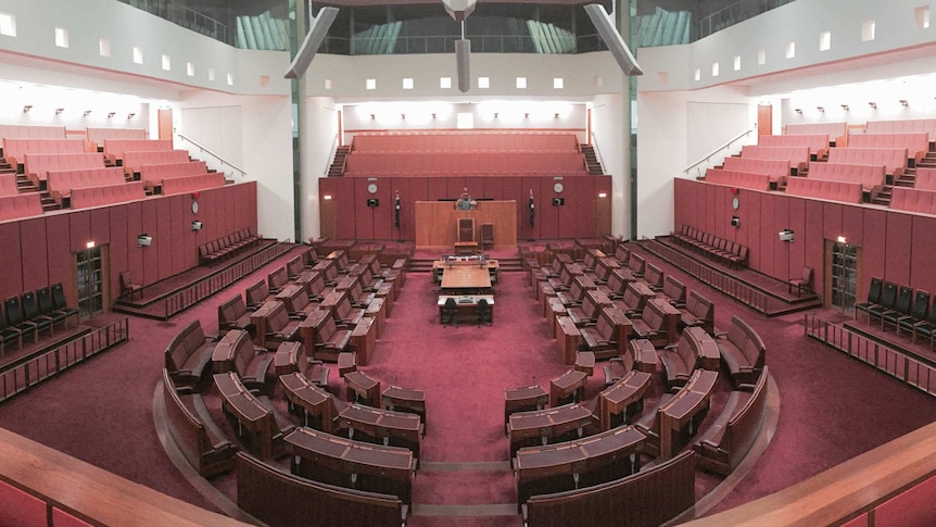The empty Senate chamber in Parliament House.