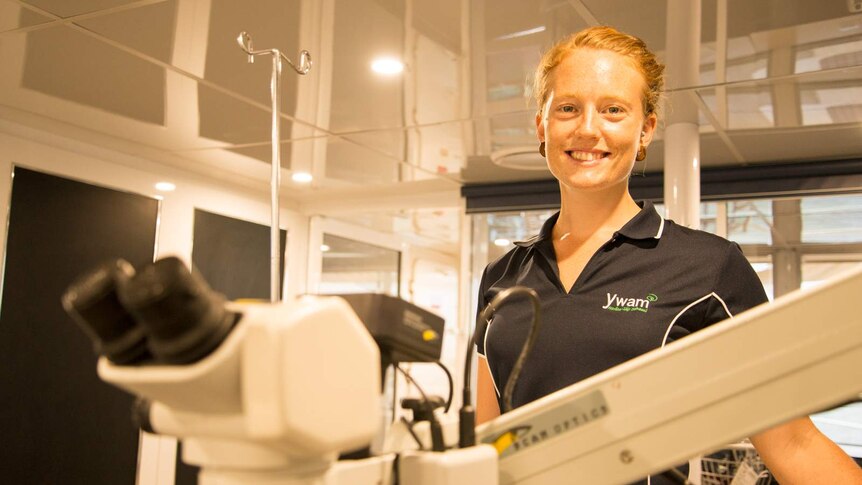 Ella Bouman stands in the eye surgery theatre on board the MV YWAM PNG.