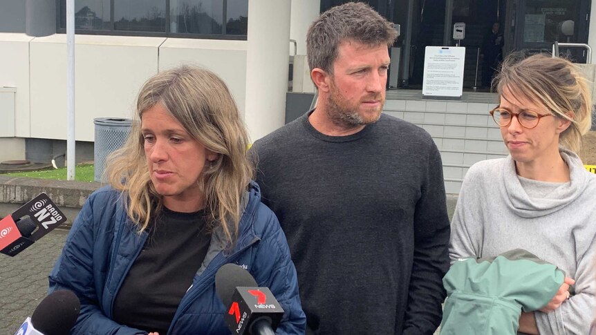Emmeline, Lachlan and Mary speaking to media about Sean McKinnon's murder