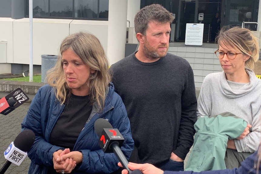 Emmeline, Lachlan and Mary speaking to media about Sean McKinnon's murder