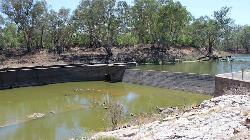 The Bourke Weir after water has stopped flowing.