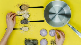 Two hands, a fry pan, sliced onions and teaspoons with spices on a yellow background