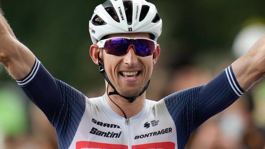 Netherland's Bauke Mollema crosses the finish line to win the fourteenth stage of the Tour de France