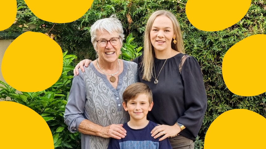 Janine standing with her daughter and grandson in a story about parents moving in with their adult kids.