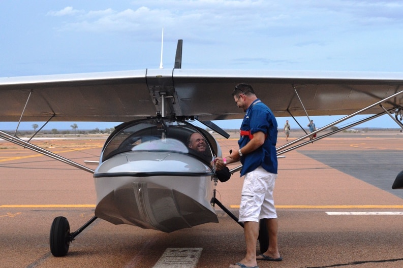 Pilot Michael Smith meets David Geers, from the Seaplane Pilots Association of Australia, in Longreach.