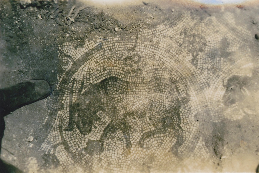 An old black and white photo of a mosaic featuring a deer