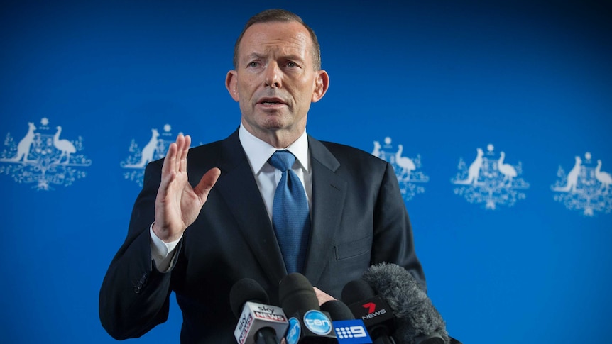 Prime Minister Tony Abbott talks to the media at a doorstop press conference after after addressing guests in Adelaide