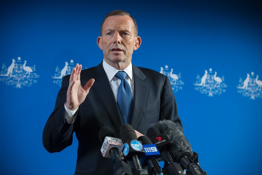 Prime Minister Tony Abbott talks to the media at a doorstop press conference after after addressing guests in Adelaide