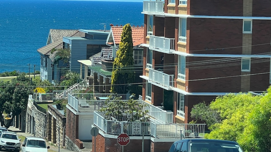 units and houses with the ocean in the background 