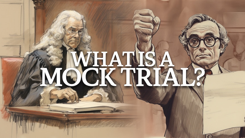 Illustrative depictions of a judge looking sternly from his seat and a barrister holding a piece of paper and making a gesture