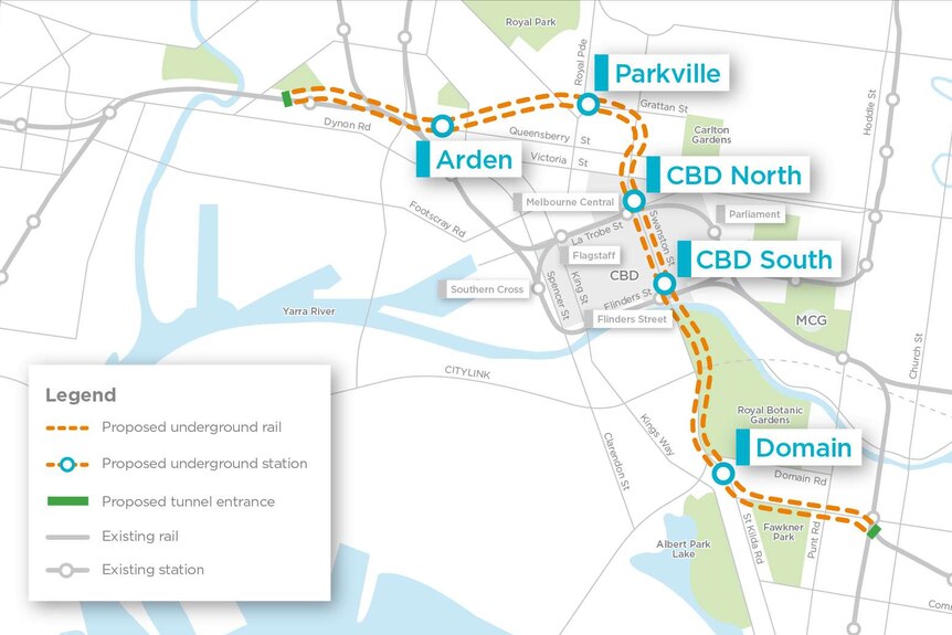 A map of the Melbourne Metro Rail Project
