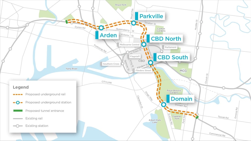 A map of the Melbourne Metro Rail Project