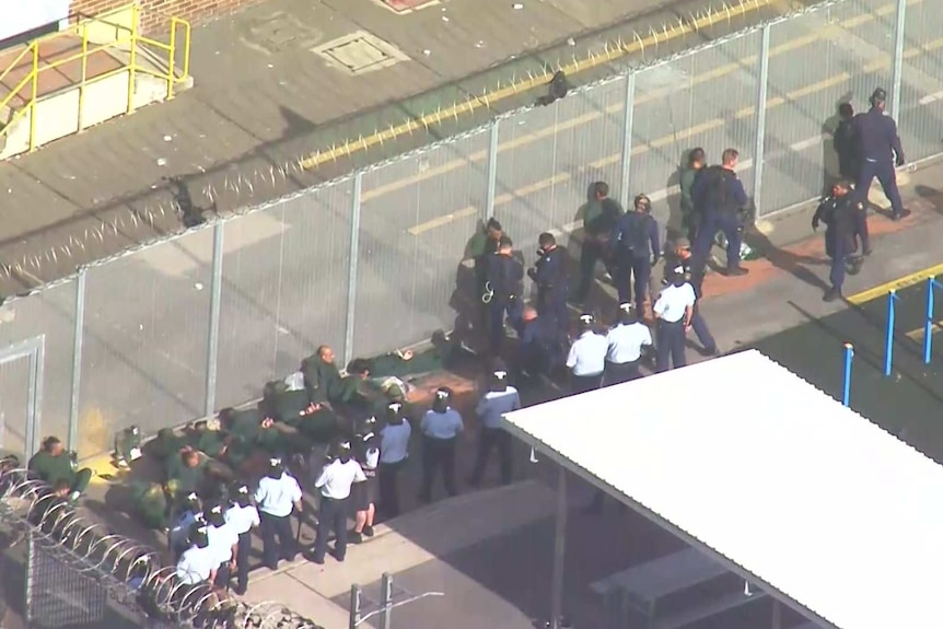 inmates lying next to a fence line surrounded by riot guards