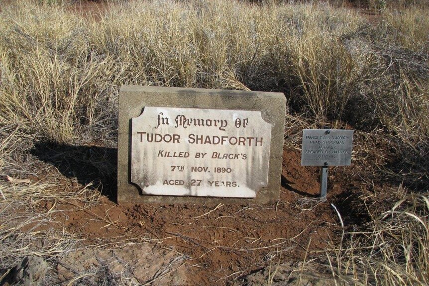 A photo showing the grave of Tudor Shadford with a metal plaque next to it.