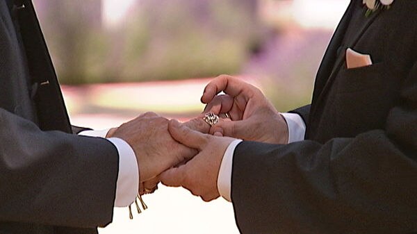 Gay couple exchange rings during their civil partnership ceremony.