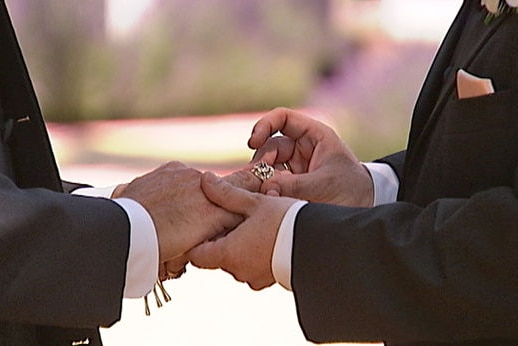Gay couple exchange rings during their civil partnership ceremony.