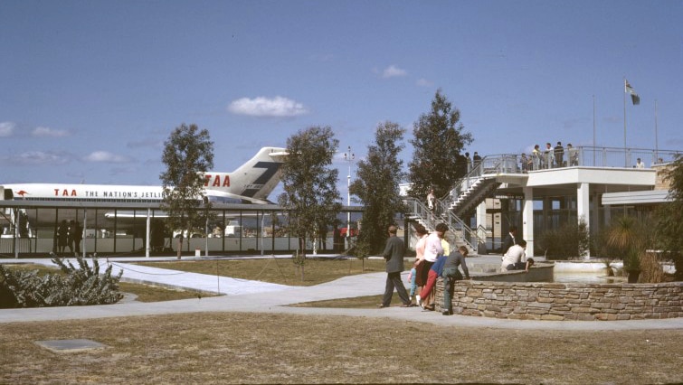 The Perth airport viewing deck and swan pond in 1965.