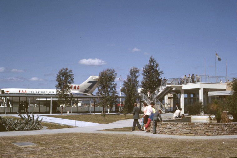 The Perth airport viewing deck and swan pond in 1965.