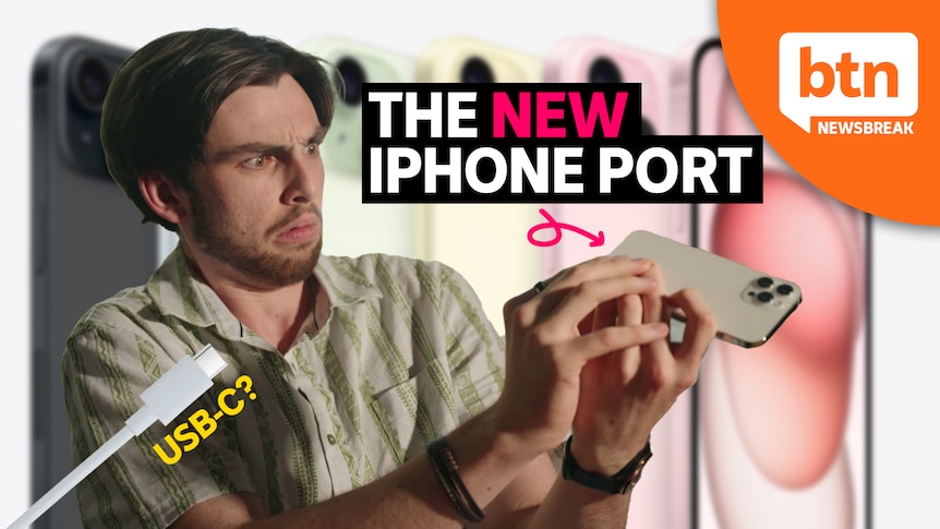 Josh looks at the bottom of an iphone in astonishment, a USB-C cable overlaid in the foreground.