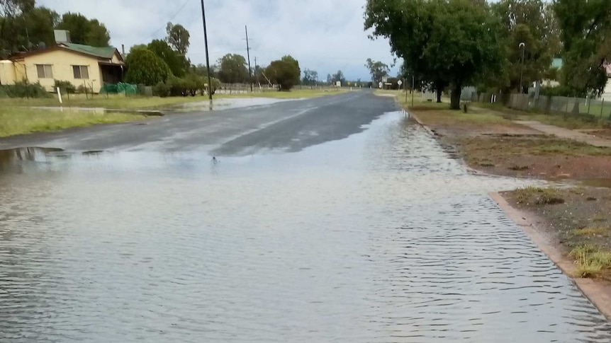 A road in western New South Wales covered in water.