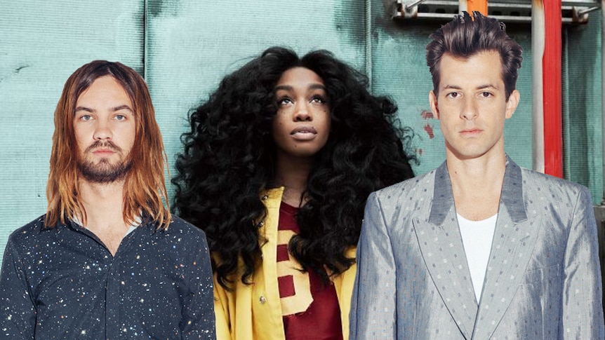 A press shot of Kevin Parker, SZA, and Mark Ronson