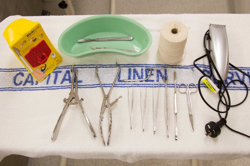 A line of long, thin metal instruments, cotton twine, razor blades and a electronic shaver, lie on a tray.
