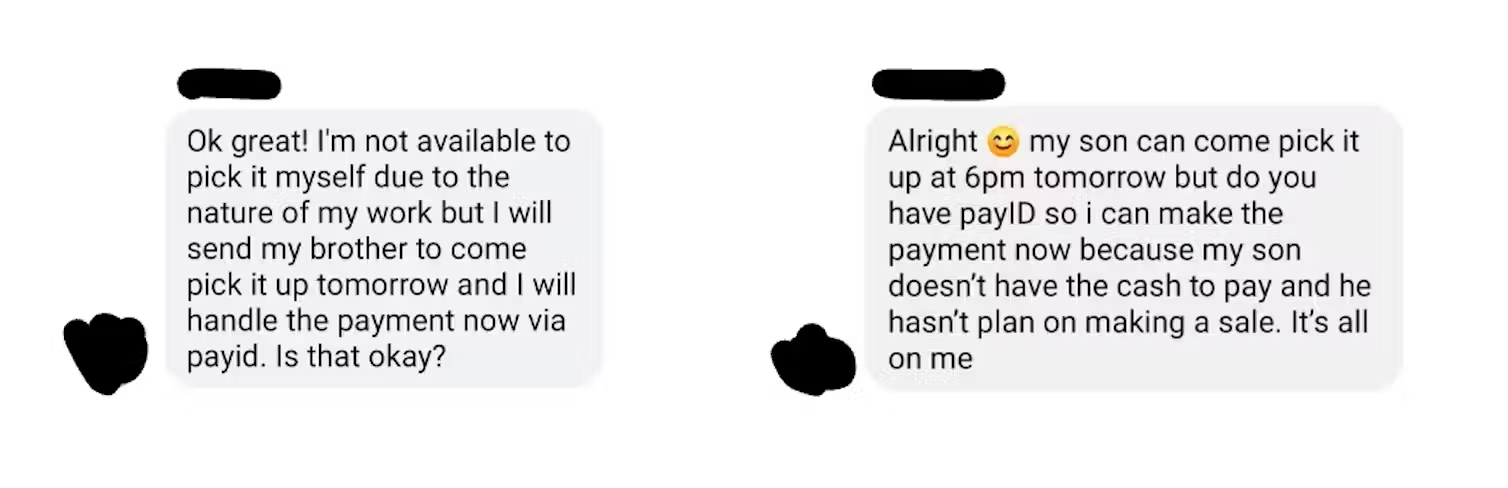 An example of online messages that appear to be part of a PayID scam