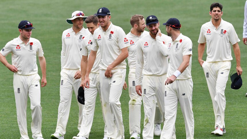 England players walk off the field after beating the Cricket Australia XI at Adelaide Oval.