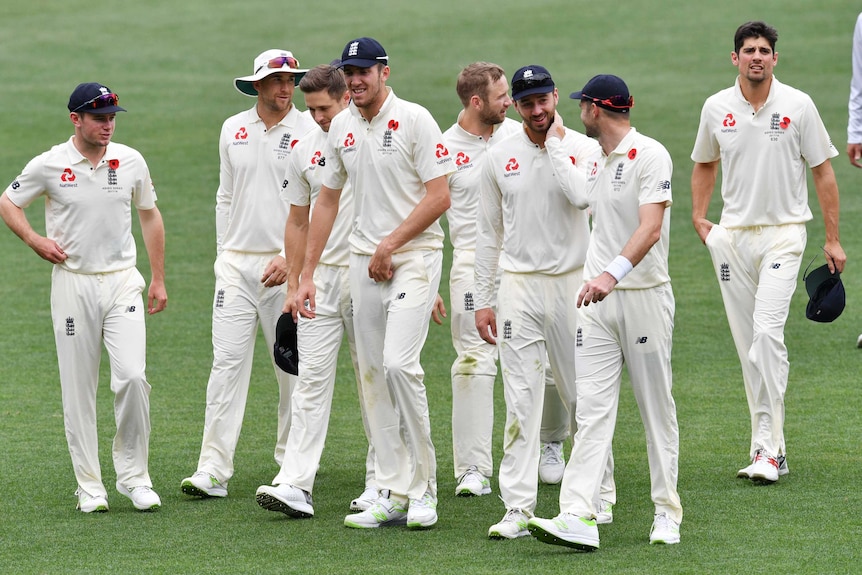 England players walk off the field after beating the Cricket Australia XI at Adelaide Oval.