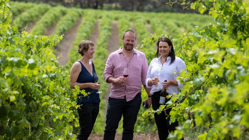 Hillary, Angus and Edwina Mitchell standing in their vineyard with glasses of red wine. 