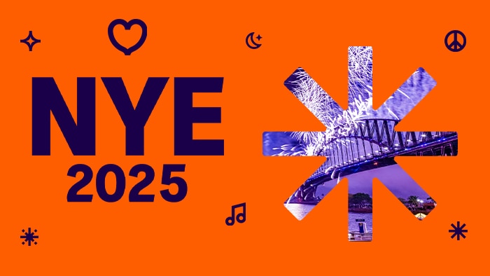 Graphic with Sydney Harbour Bridge and text: NYE 2025