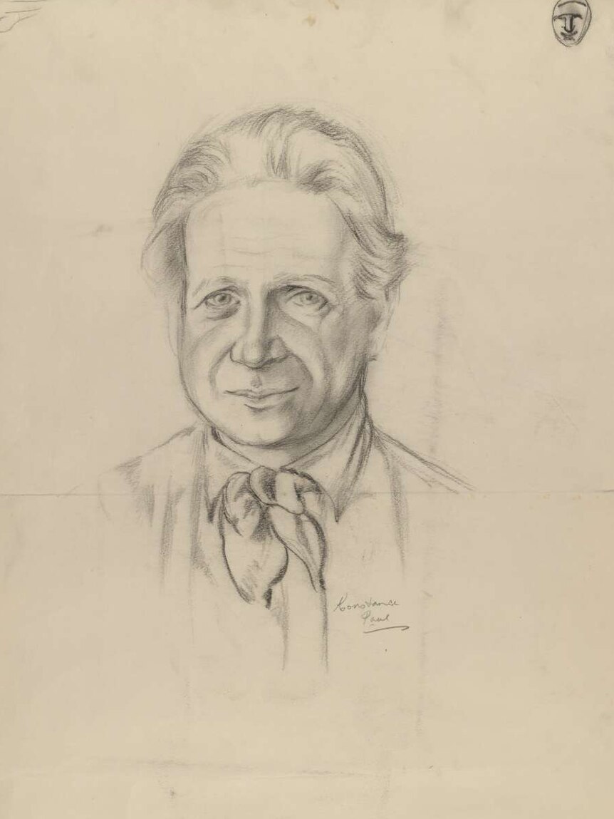 A charcoal sketch of a man with a bow tie on.