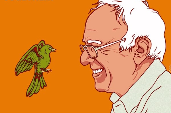 Cartoon of Bernie Sanders with bird