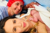 Kirsty Browne with her newborn son and husband Murray